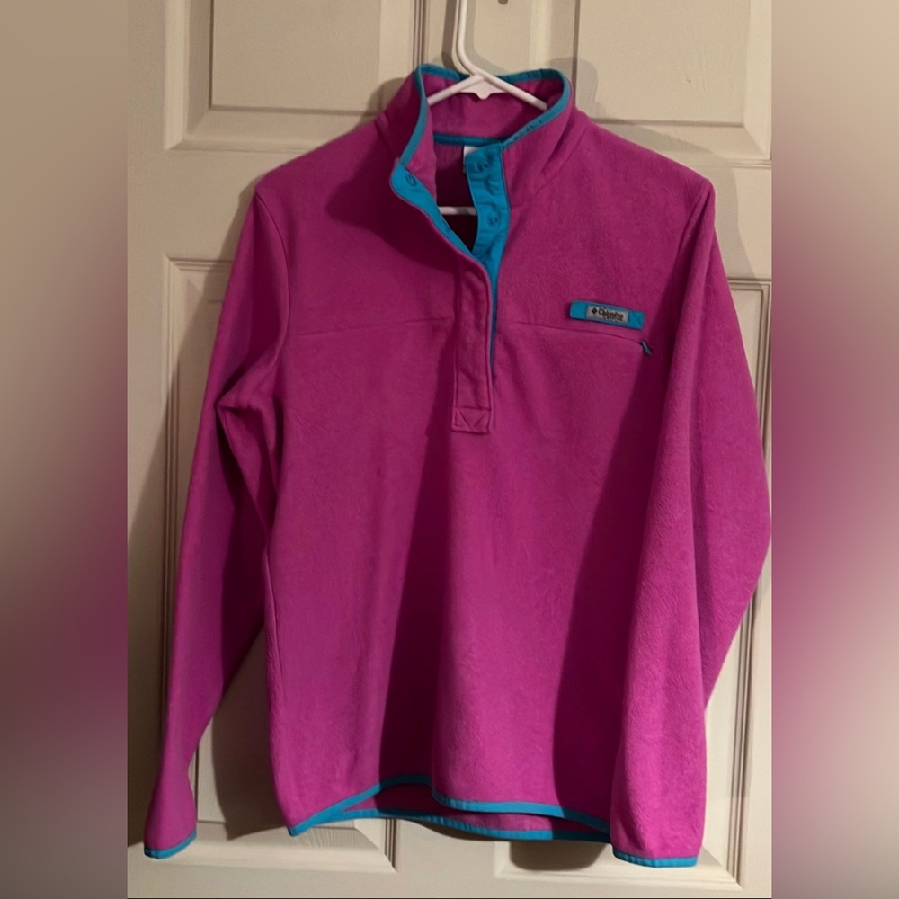 Columbia PFG Fleece Pullover, pink with blue trim, size M